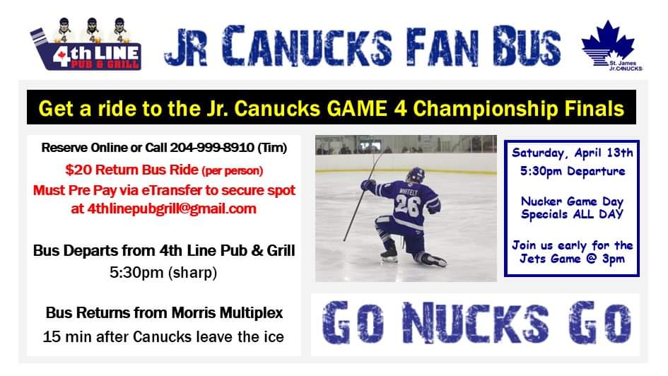 🏒 St James Canucks GAMEDAY ✍️ Book the FAN bus to Morris at forms.gle/pJddixDmCxMR5N… or DM us. 😲 ADDED BONUS - Enjoy a 🍺 Miller Lite Draft Beer compliments of Molson/Coors at no extra charge just for riding the bus. #GoNucksGo #DynastyOnTheLine #BleedBlue #4thLineFanBus