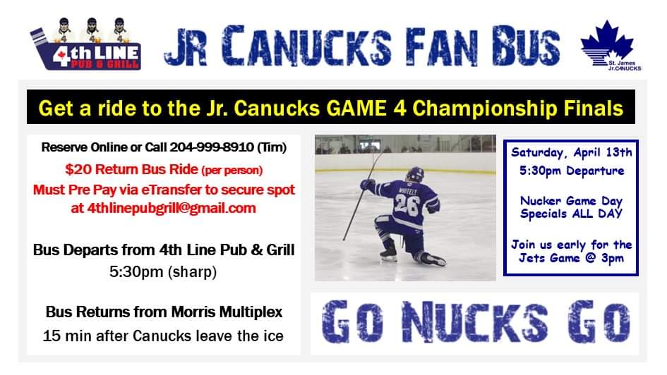 4thLinePub's tweet photo. ๐ St James Canucks GAMEDAY
โ๏ธ Book the FAN bus to Morris at https://t.co/VIjwMHX6hO or DM us.
๐ฒ ADDED BONUS - Enjoy a ๐บ Miller Lite Draft Beer compliments of Molson/Coors at no extra charge just for riding the bus.
#GoNucksGo #DynastyOnTheLine #BleedBlue #4thLineFanBus https://t.co/HfCYq4CSjA