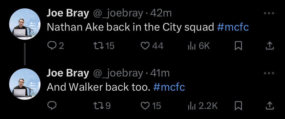 In other news, both Ake and Walker are with the City squad (the former, quite surprisingly). Stones misses out with supposedly a minor issue, but Pep should have his pick of the bunch when it comes to a back-4 for Wednesday's second leg.