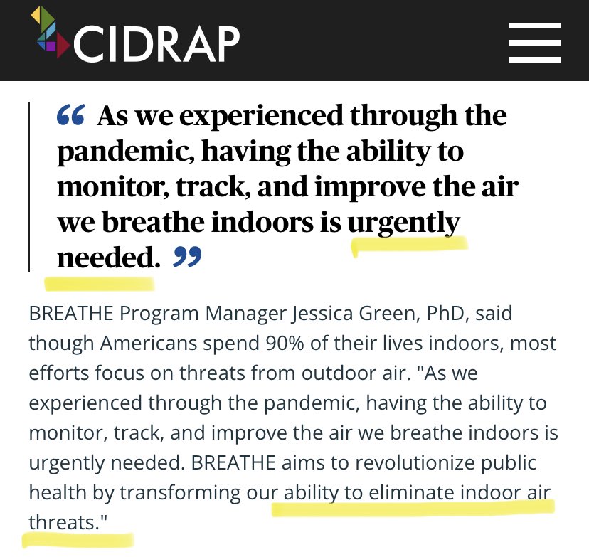 @CIDRAP 💯However, if you know the need to eliminate indoor threats is URGENT & know it will take a long time, why not REQUIRE places like schools & healthcare, to take action protect people  RIGHT NOW! Opening 🪟’s & wearing 😷 would make these spaces safer & in just minutes⏱️!