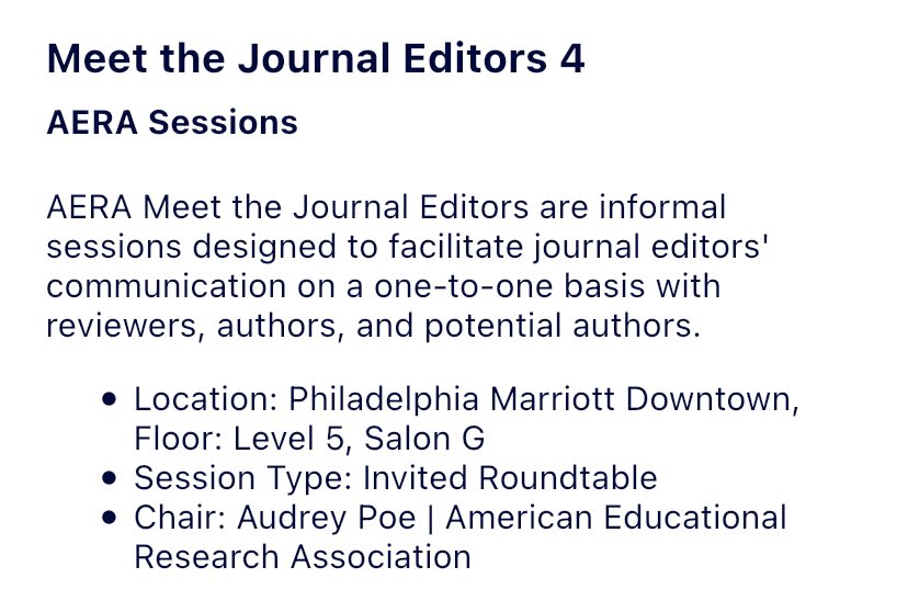 Have a paper in the works or new idea from #AERA24? Finishing up a dissertation? The American Journal of Education @AJEForum could be a GREAT home for your work! We publish empirical pieces of broad interest to the field - come chat with us today 11:25-12:55! Table 5-room below!