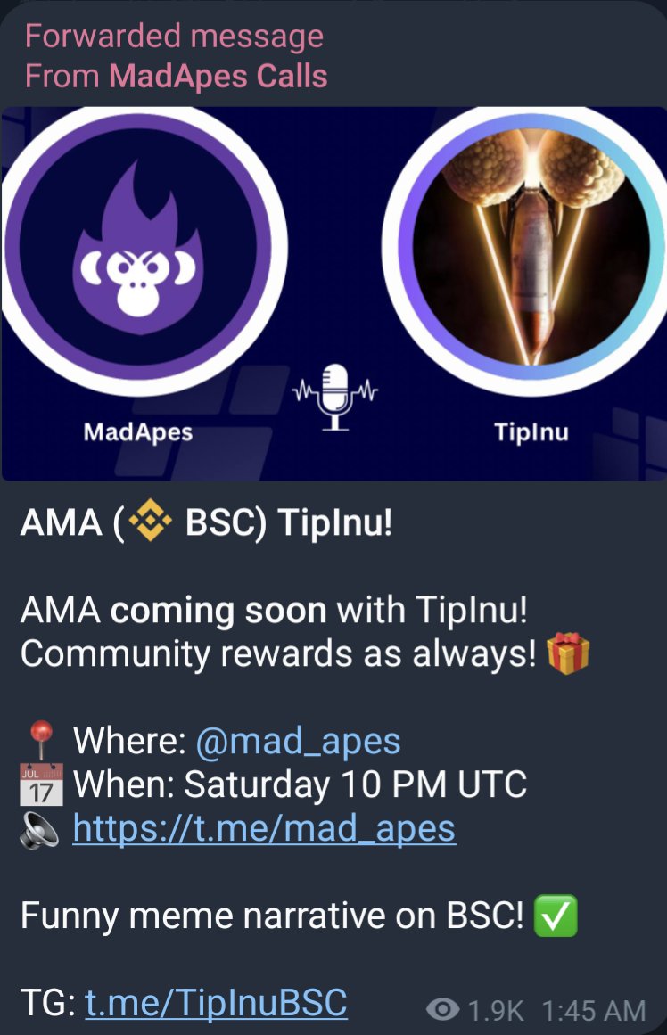 TipInuxyz's tweet photo. Huge AMA today with the one and only MadApes!! Please come join us at 6pm EST. https://t.co/YAAtn68Xsp
https://t.co/E2DBPEyG7J
https://t.co/8bdP2z2l3U
#BSCGemsAlert #BNB #PassiveIncome https://t.co/d3L76sS5tJ