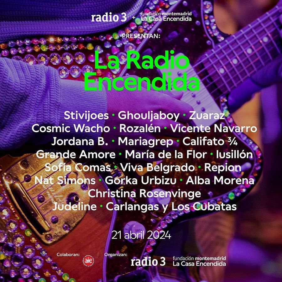 El 21 de abril #LaRadioEncendida @radio3_rne en @LaCasaEncendida de Madrid con @RozalenMusic @vivabelgrado @califato_3x4 @sofiacomasmusic @Ch_Rosenvinge @Grande_Amore_OG @carlangas_mp3 @judeline__ @repionband @lusillon y más, info: conciertospormadrid.com/featured/la-ra…