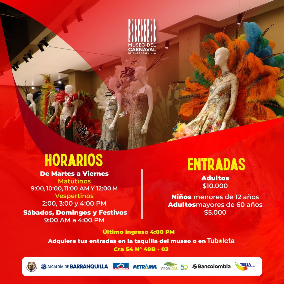 museocarnavalbq's tweet photo. ¡Hey, carnavaleros! 👋🏻😄Aquí te dejamos los horarios de ingreso y valor de las entradas, para que programen su visita y conozcan de cerca la Fiesta más grande de Colombia: el @Carnaval_SA. 🎉❤️💛💚
¡Te esperamos!💃🏻🕺🏻
📍Cra. 54 #49b-03 / Barrio Abajo
#MuseoDelCarnaval https://t.co/sM3sR7gYij