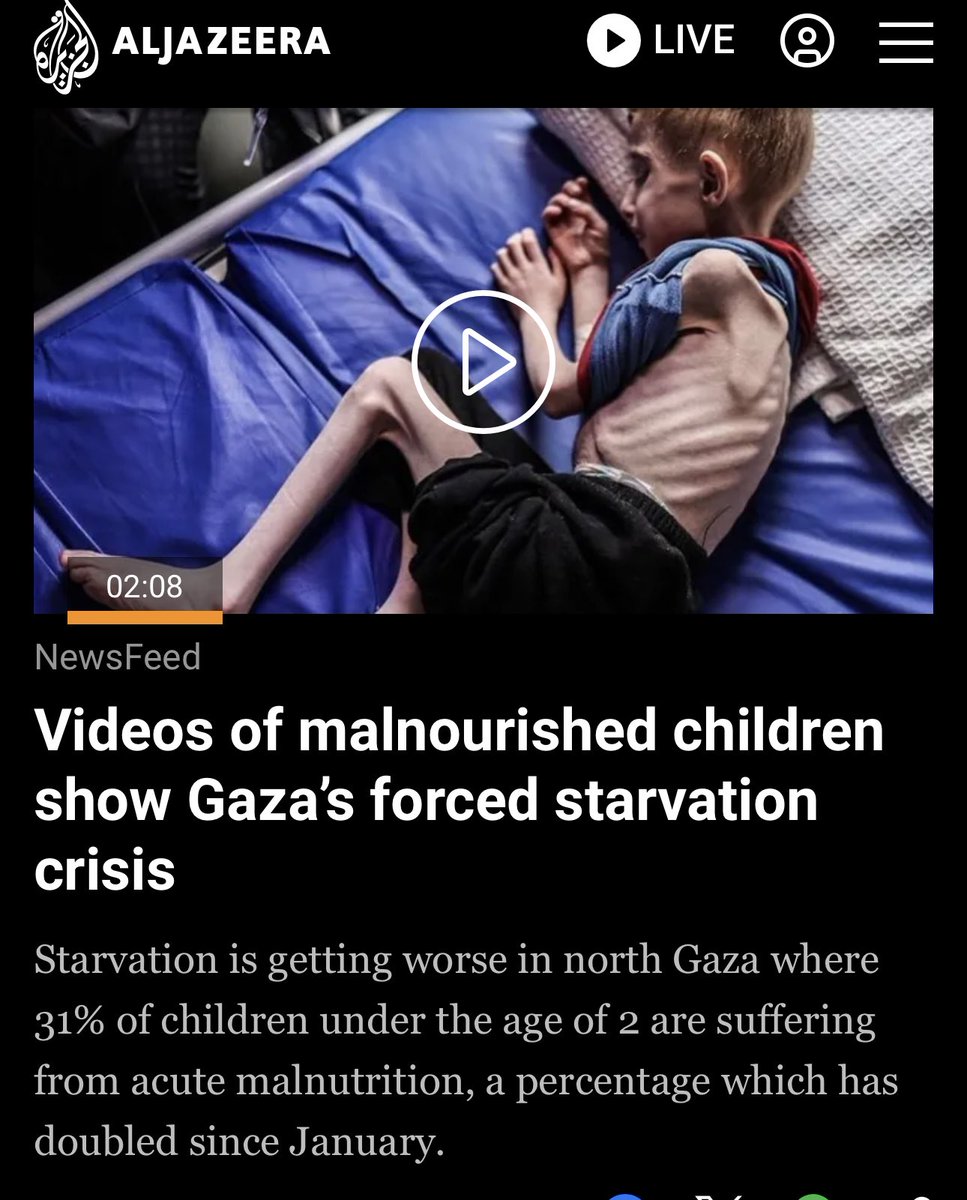 Videos of malnourished children show Gaza’s forced starvation crisis. Israel is deliberately killing Palestinian children slowly. aje.io/lpapa8