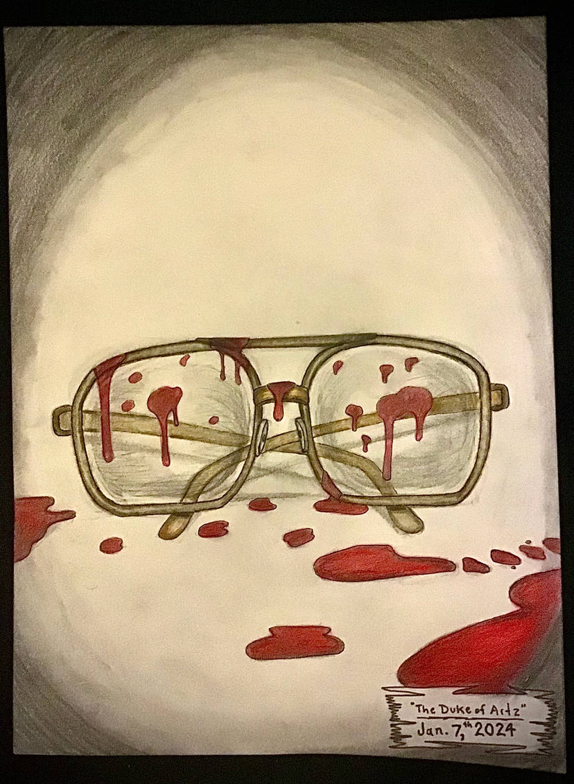 As #TheDukeofArtz these are two of my #gorey #traditionalmixedmedia art illustrations: 'The Coral Snake & the Pool of Blood' (10/15/17) & 'Jeffrey Dahmer's Glasses Covered in Blood' (1/7/24) What do you all think about them?