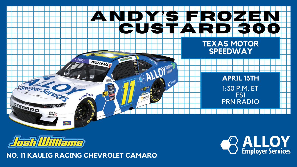 The @NASCAR_Xfinity Series returns to the Lone Star State 🤠 for today's Andy's Frozen Custard 300.

🏎: @Josh6Williams
🏁: @TXMotorSpeedway
📍: Fort Worth, Texas
🕰: 1:30 p.m. ET
📺: @FS1
📻: @PRNlive

#StrongerByDesign | #AndysFrozenCustard300