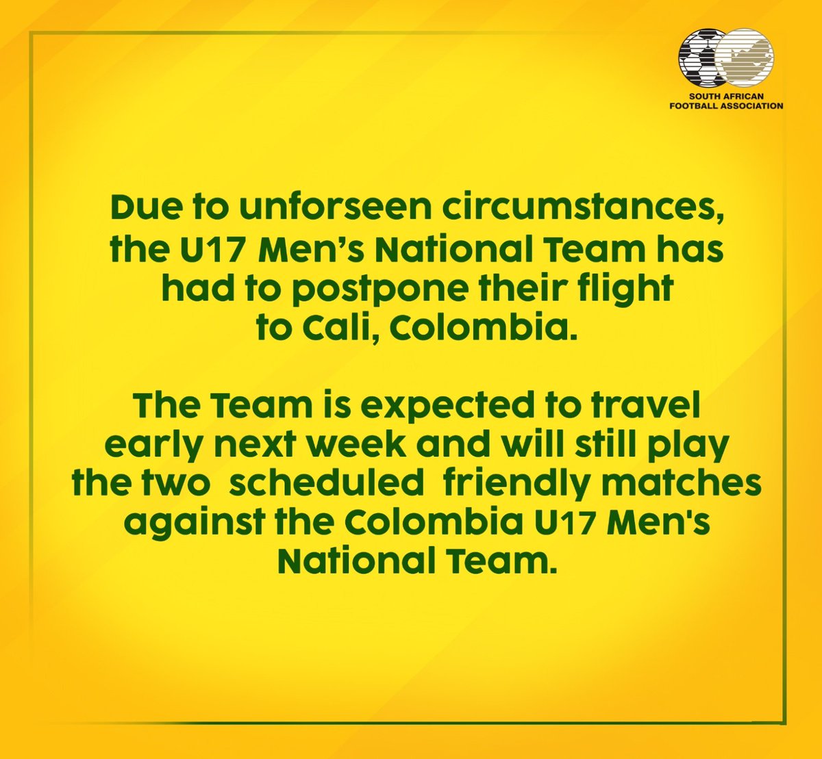 🚨🚨🚨🚨🚨🚨🚨although the U17 National Team was meant to travel to Colombia 🇨🇴 yesterday, circumstances beyond our control didn't allow for this to happen. The team is still in 🇿🇦 and will continue to prepare for the international friendlies at the SAFA Technical Centre until…