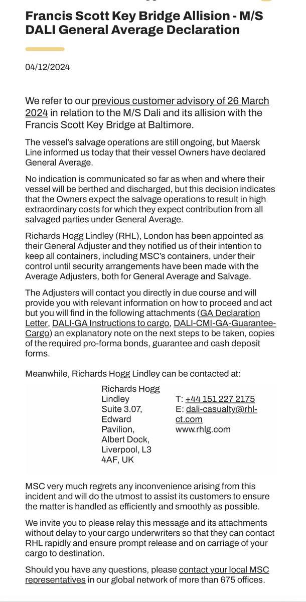 The Dali’s salvage operations continue. @Maersk reported that the vessel Owners have declared General Average, which is a principle of maritime law that establishes all sea cargo stakeholders evenly share any damage or losses. #KeyBridgeNews More info: shiphub.co/general-averag…