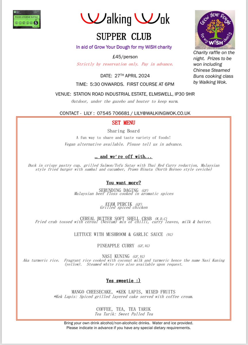 WalkingWok's tweet photo. 3 course meal Supper Club in aid of Grow Your Dough for my WiSH charity.  
Venue:  Elmswell, IP30 9HR.
Raffle prizes including Chinese Steamed Buns cooking class by Walking Wok.
Contact Lily at lily@walkingwok.co.uk
@mywishcharity @welovebse 
#supperclub #elmswell #asianfood https://t.co/q0xSj4BIwO
