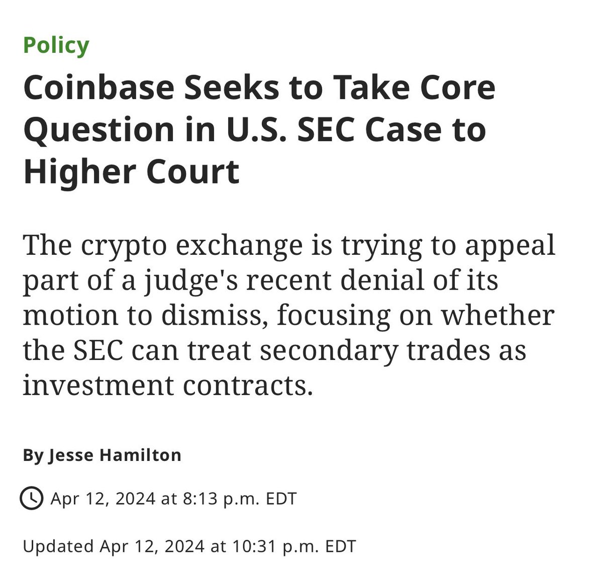 This is the single most important case in crypto right now as it would devastate the entire industry in the US. It would end up banning trading altogether without a security license. Coinbase vs SEC
