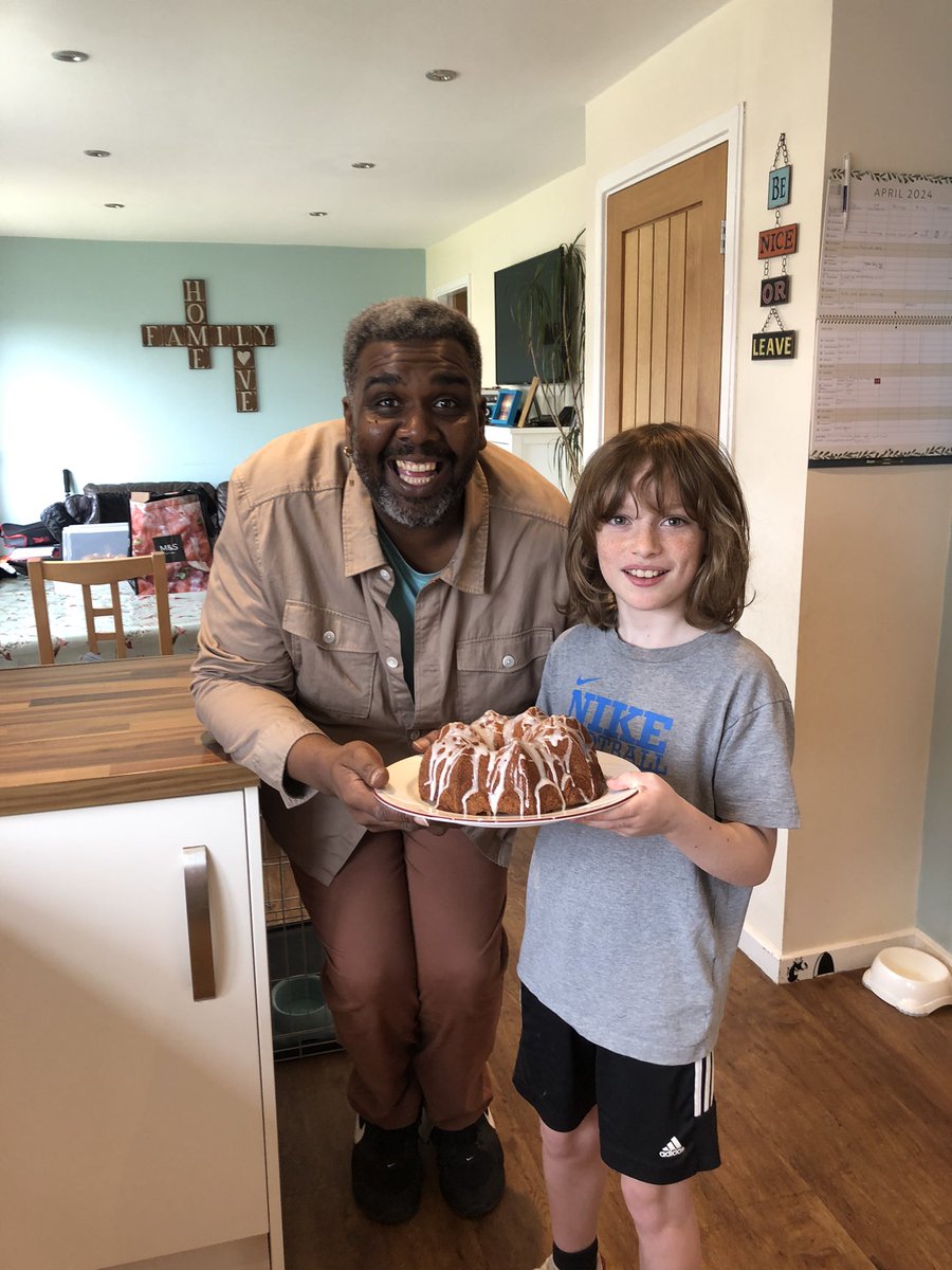 What a morning! Huge thanks to our beautiful friend <a href="/Amos09177989/">Amos</a> (of <a href="/BritishBakeOff/">British Bake Off</a> fame!) 🥰 JJ had an amazing time baking a lemon drizzle cake under the expert instruction of Amos! He even got to wear the actual apron from Bake Off! 🥮 🤩 And it tastes 👌🏼😋