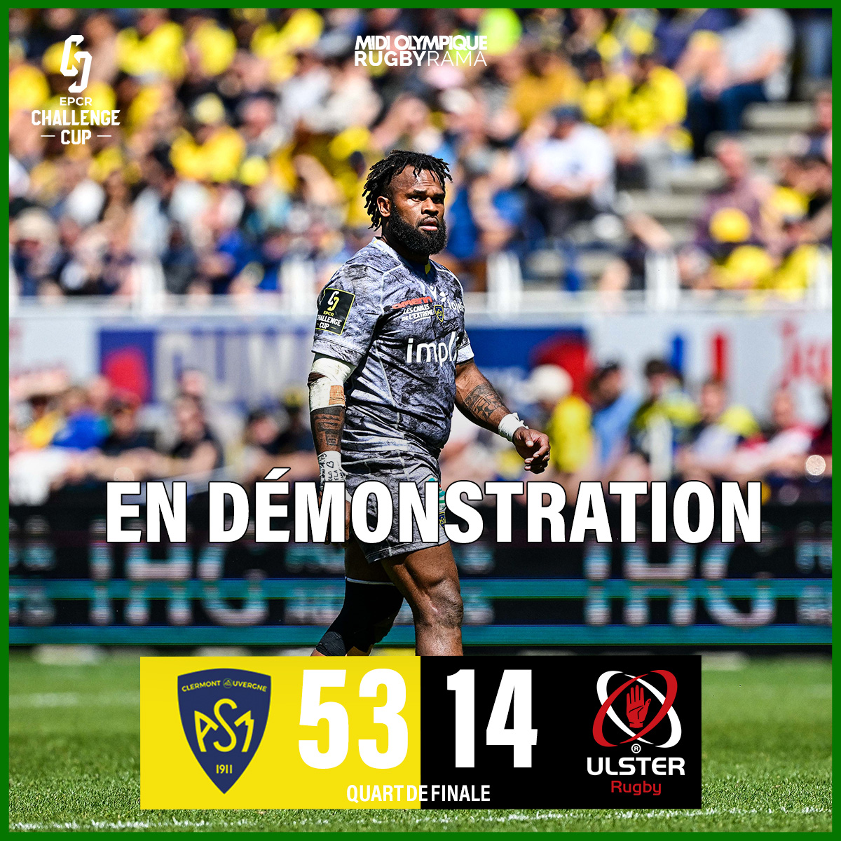 RugbyramaFR's tweet photo. Auteurs d'une démonstation, notamment dans le second acte, les Clermontois se sont qualifiés pour les demi-finales de Challenge Cup. Ils ont écrasé l'Ulster au Michelin, 53-14. Les Auvergnats affronteront les Sharks de Durban en demi.
Le résumé -> https://t.co/iur5cmYNR9 https://t.co/fLYrofDBz0