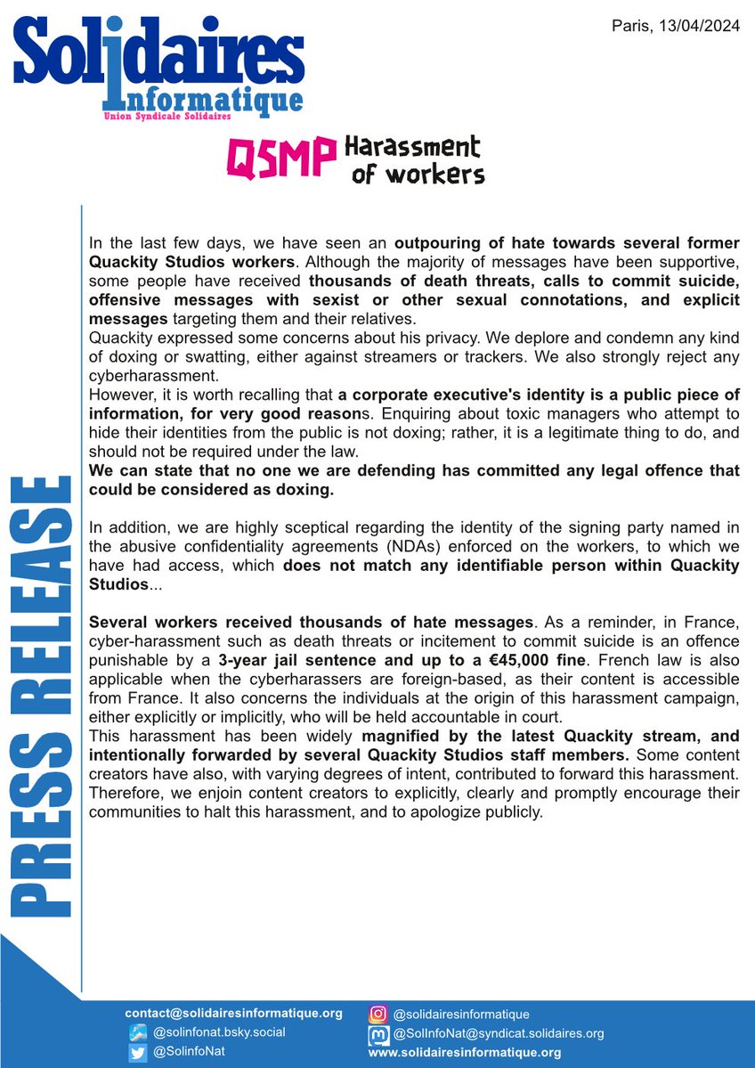 SolInfoNat's tweet photo. 🔴QSMP - Harassment of workers

In the last few days, former Quackity Studios workers have received several thousand death threats, suicide calls, sexist and sexual slurs, explicit messages and more.

https://t.co/Dvsqf768v5 https://t.co/EsTGEZ88Ho