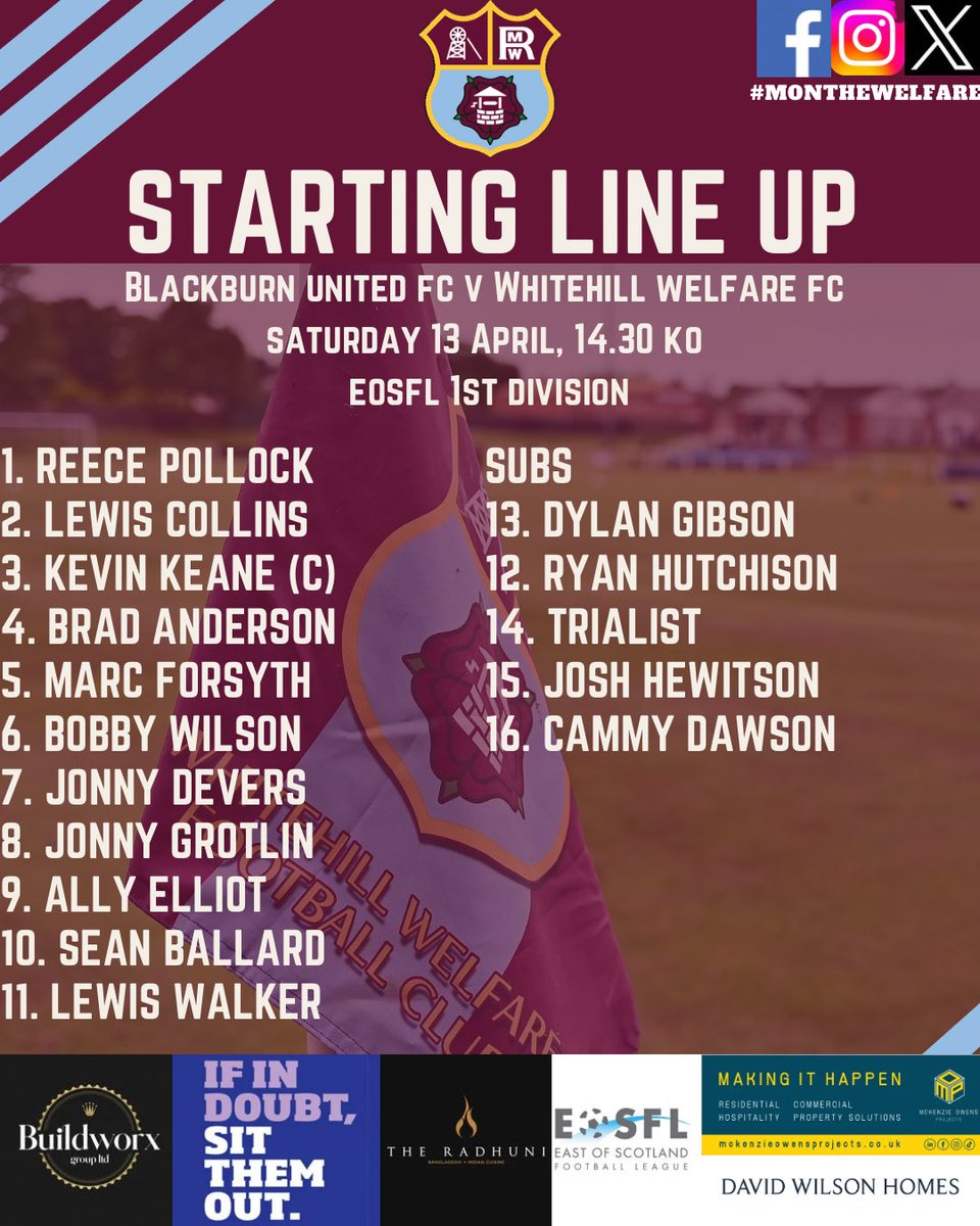 Your Whitehill Welfare line up for today’s trip to West Lothian as we face Blackburn United. #monthewelfare