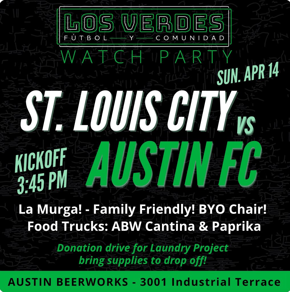 SUNDAY AFTERNOON AWAY match tomorrow! Join us and @LaMurgaATX at @AustinBeerworks! Bring supplies for @CurrentLP! Food, family, and verde vibes 💚🖤