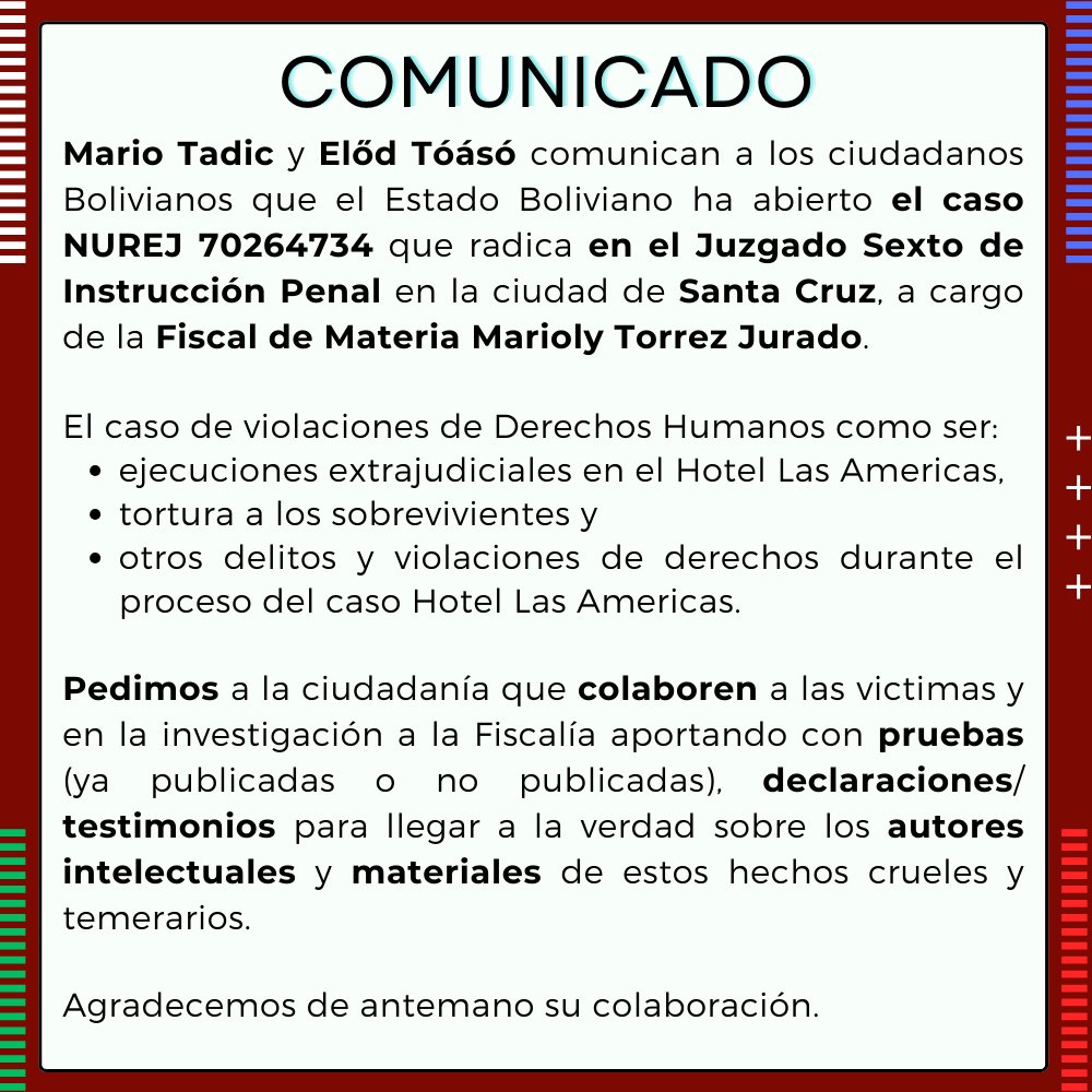 toasoelod's tweet photo. Comunicado de Mario Tadic y Előd Tóásó @NormaPierola @garyprado @CFValverde @CarmenEGonzale2 @SenadoraCarmenG 
@ZetaMatkovic #Bolivia #ddhh #cidh #casoRózsa
@grupoeldeber @ErbolDigital #Bolivia https://t.co/JpKY1wyyW7