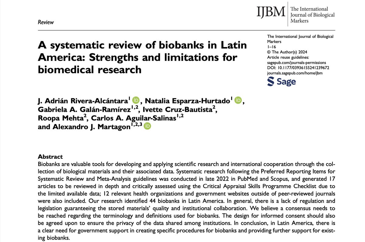 🚨Attention researchers & policymakers! Our review uncovers critical gaps in Latin American biobanking. Lack of regulation, governance & funding hinder progress. It's time for action to bolster biomedical research in the region! 🌎🧬

Read more: doi.org/10.1177/039361…