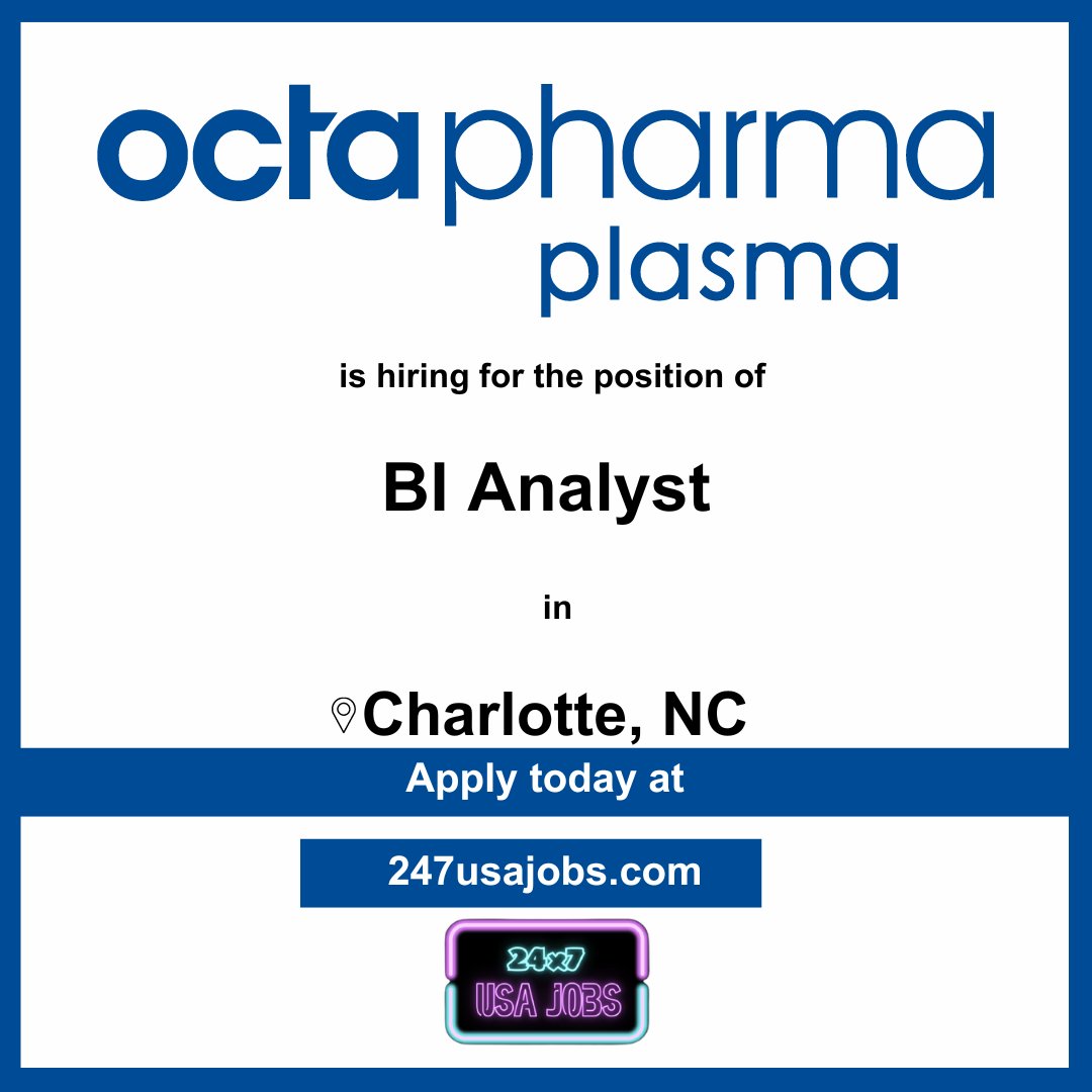 📊 Are you a data whiz? Octapharma Plasma, Inc. is seeking a BI Analyst in Charlotte, NC. Join us and play a key role in shaping our organization's strategy through data-driven insights. Apply today! #BIAnalyst #CharlotteNC #OctapharmaPlasma