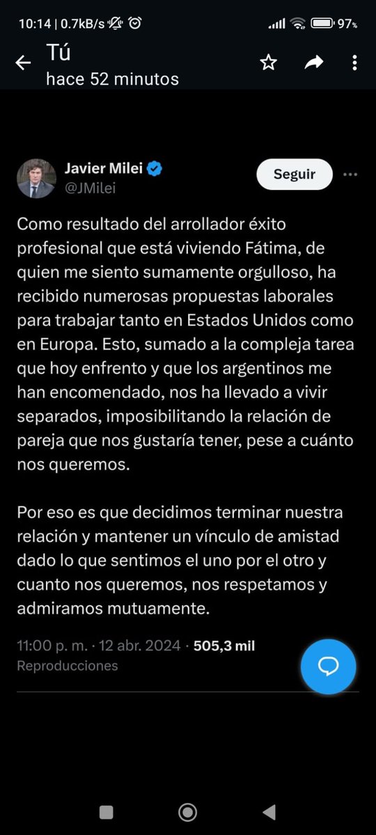 AngelBlesa4's tweet photo. @eldestapeweb Creo que es fake. 
El mensaje claramente no lo escribió Javier. 
No es su pluma.
No tiene ni un "o sea" "a ver" "qué quiero decir con esto" "no sé si me entendés" o " cómo te explico"
No nombra la asignación de costos entre sostener una relación o algún índice... https://t.co/dMHUUiLVLf