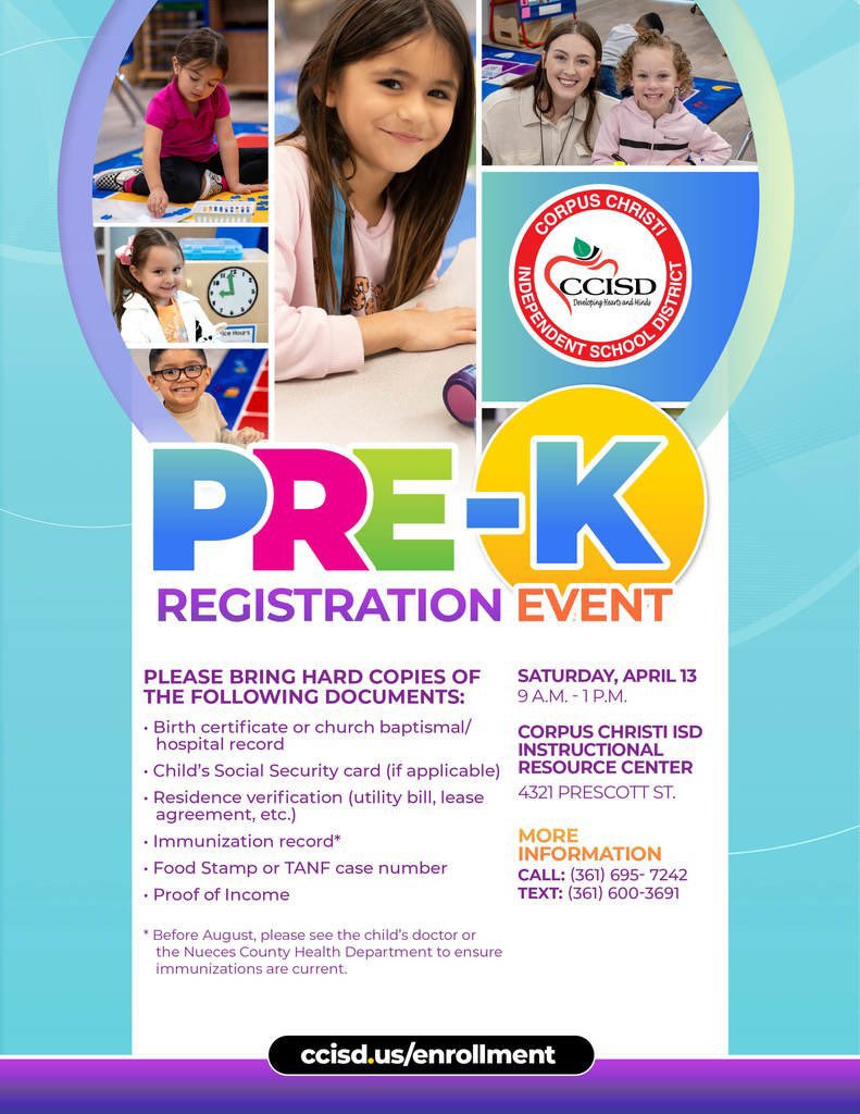 Today is the day! CCISD's districtwide pre-K registration event, 9 a.m. to 1 p.m. at 4321 Prescott St. More info at ccisd.us. See you soon!