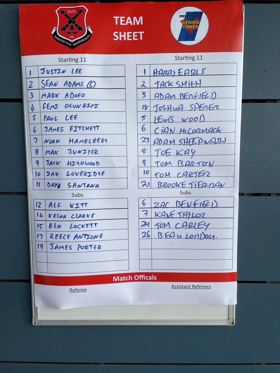 Team lineups for the @SCThamesmeadFC v @StrikeForce_FC in the @SCEFLeague division one. #UTA