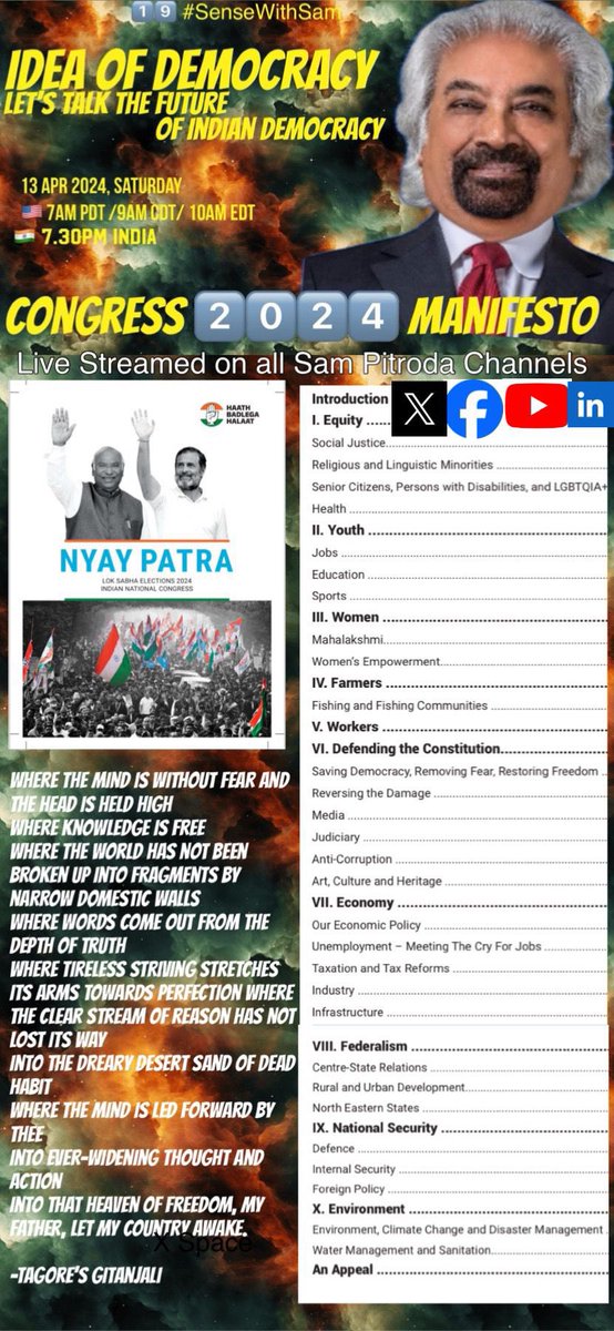 priainc's tweet photo. #SenseWithSam at 7:30 pm on X space
Episode 19 1️⃣9️⃣ *#SenseWithSam*
Idea of *(future)* Democracy:
*Congress ✋🏾2024 Manifesto*, *Nyay Patra*
Let's talk the future of Indian Democracy in the ambits of Congress 2024 Manifesto, Nyay Patra.
The 48 page blueprint for the largest democracy, built listening millions of Indians aspirations to rebuild India right this time, walking 🚶thousands of kilometres.
Brickbats🤺👊🏽🫵🏻 are most welcome, few bouquets too.💐🤝
Join us today at 7.30p IST, 7am PDT.
Space link https://t.co/PV7UF9k8ZV