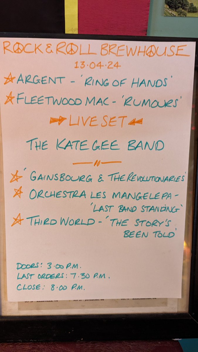 Today's setlist, folks. Plus live music from everyone's favourite: The Kate Gee Band! Doors 3.00pm. Over 18s only. Cheers!