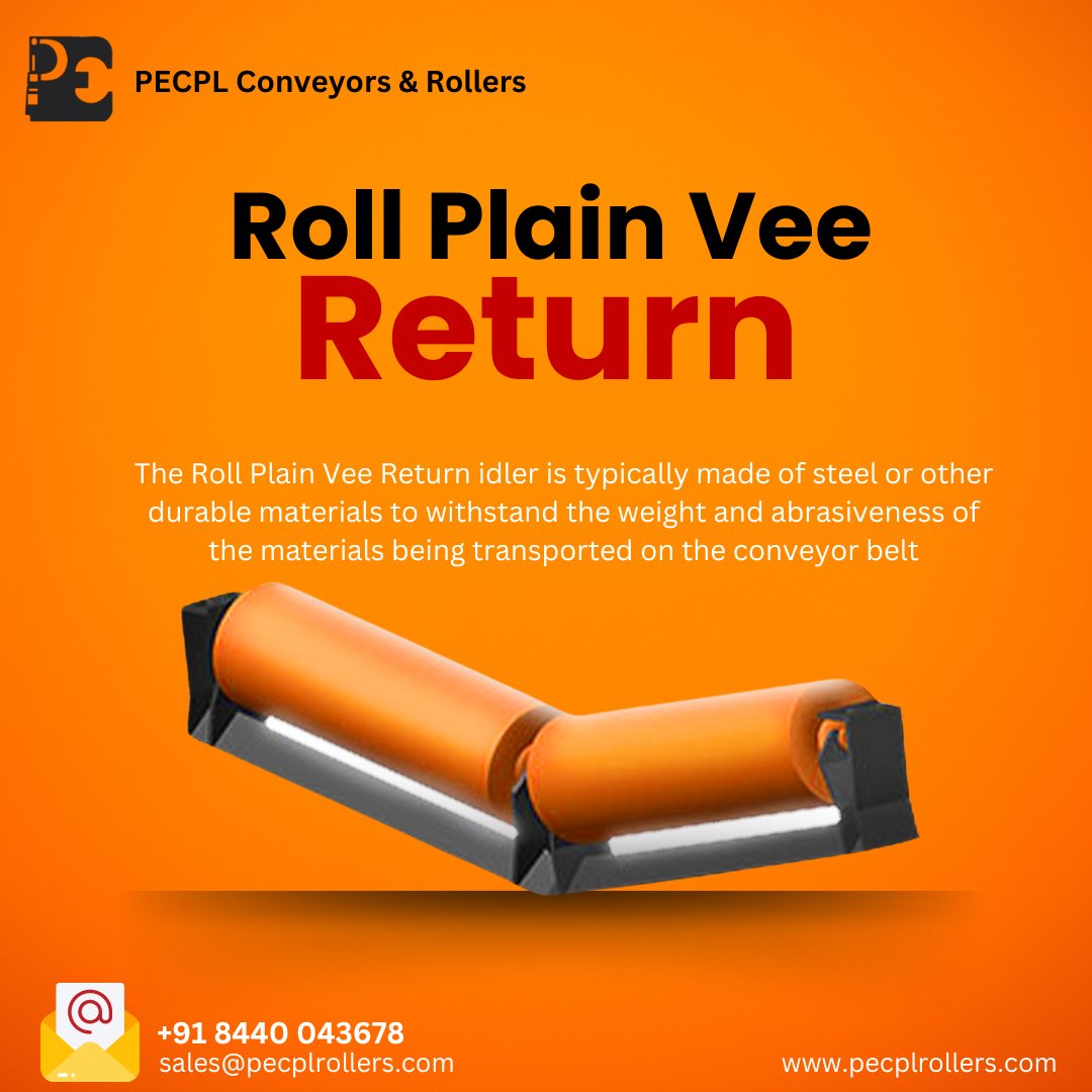 The Roll Plain Vee Return idler is typically made of steel or other durable materials to withstand the weight and abrasiveness of the materials being transported on the conveyor belt