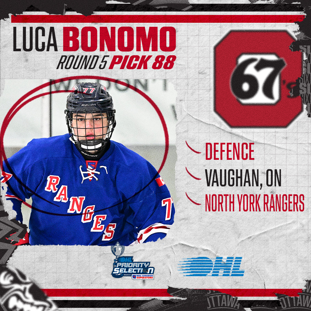 With the 88th pick in the 5th round of the OHL Priority Selection, we are proud to select Luca Bonomo, a defenceman from the North York Rangers. Welcome to #CapitalTerritory Luca!