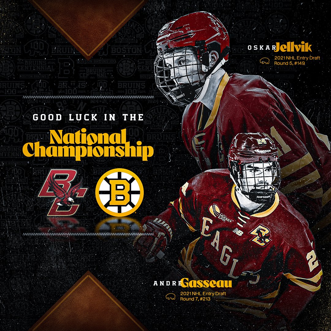 Bring it home, boys! Good luck to #NHLBruins prospects @Jellvik21 and @Andre_Gasseau26 and @BC_MHockey in tonight's @NCAAIceHockey National Championship Game!