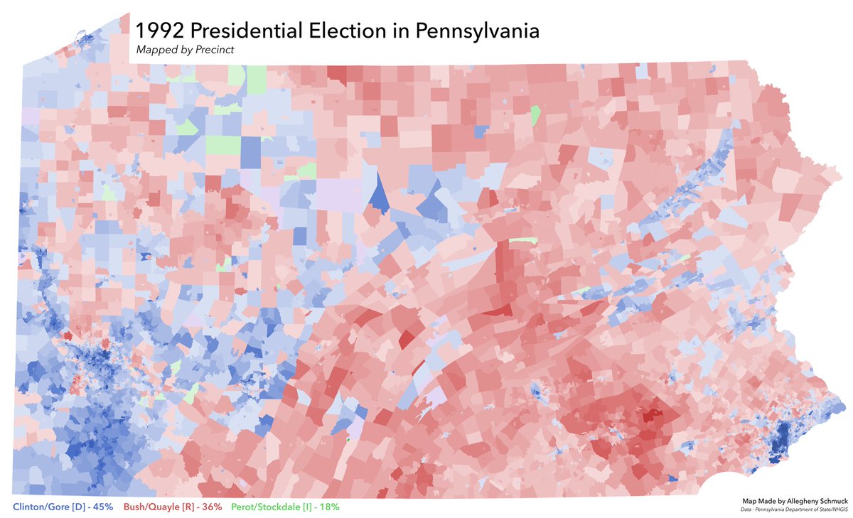 A key turning point in Pennsylvania politics started with the 1992 election, where old collations met new ones. The following is said election mapped by precinct and an analysis of different regions that defined it.