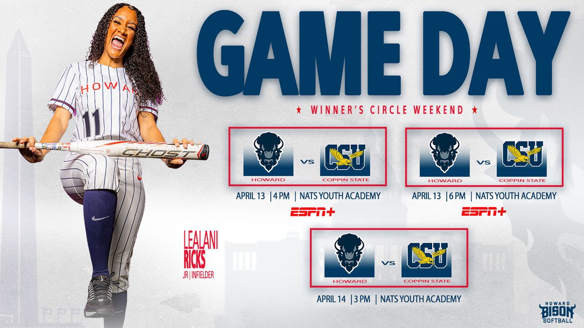 🥎 | Get excited! It's Winner's Circle Weekend! Join @HUBisonSoftball as the Bison battle it out with Coppin State to stay atop the MEAC! 📺: tinyurl.com/2k6n4wyy 📺: tinyurl.com/267dwknf #BleedBlue