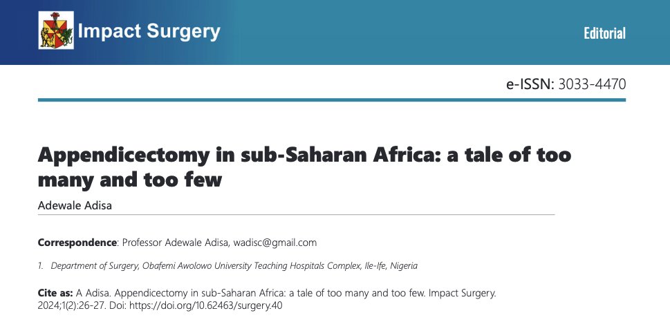 Dmitri Nepogodiev (@dnepo) on Twitter photo Editorial on appledicectomy in sub-Saharan Africa by Prof <a href="/AdewaleAdisa1/">Adewale Adisa</a>.
A tale of too many (normal appendicectomy rates 16-33%) & too few (up to 70% of patients with appendicitis don't access care).
#MedTwitter #MedEd #SoMe4Surgery
🔓 impact-surgery.org/index.php/pub/… Editorial on appledicectomy in sub-Saharan Africa by Prof <a href="/AdewaleAdisa1/">Adewale Adisa</a>.
A tale of too many (normal appendicectomy rates 16-33%) & too few (up to 70% of patients with appendicitis don't access care).
#MedTwitter #MedEd #SoMe4Surgery
🔓 impact-surgery.org/index.php/pub/…