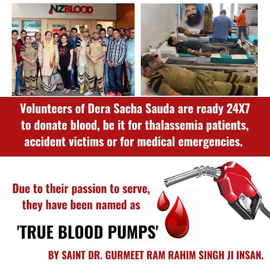 VolunteersOf Dera Sacha Sauda are ready 24×7 to doante 🩸Blood, be it for thalassemia patients accident victims or medical emergencies in whole World.🌎
Due to their passion to serve, they have been named as 
'True Blood Pumps' by Saint Dr MSG Insan.
#RealLifeHero #TrueBloodPump