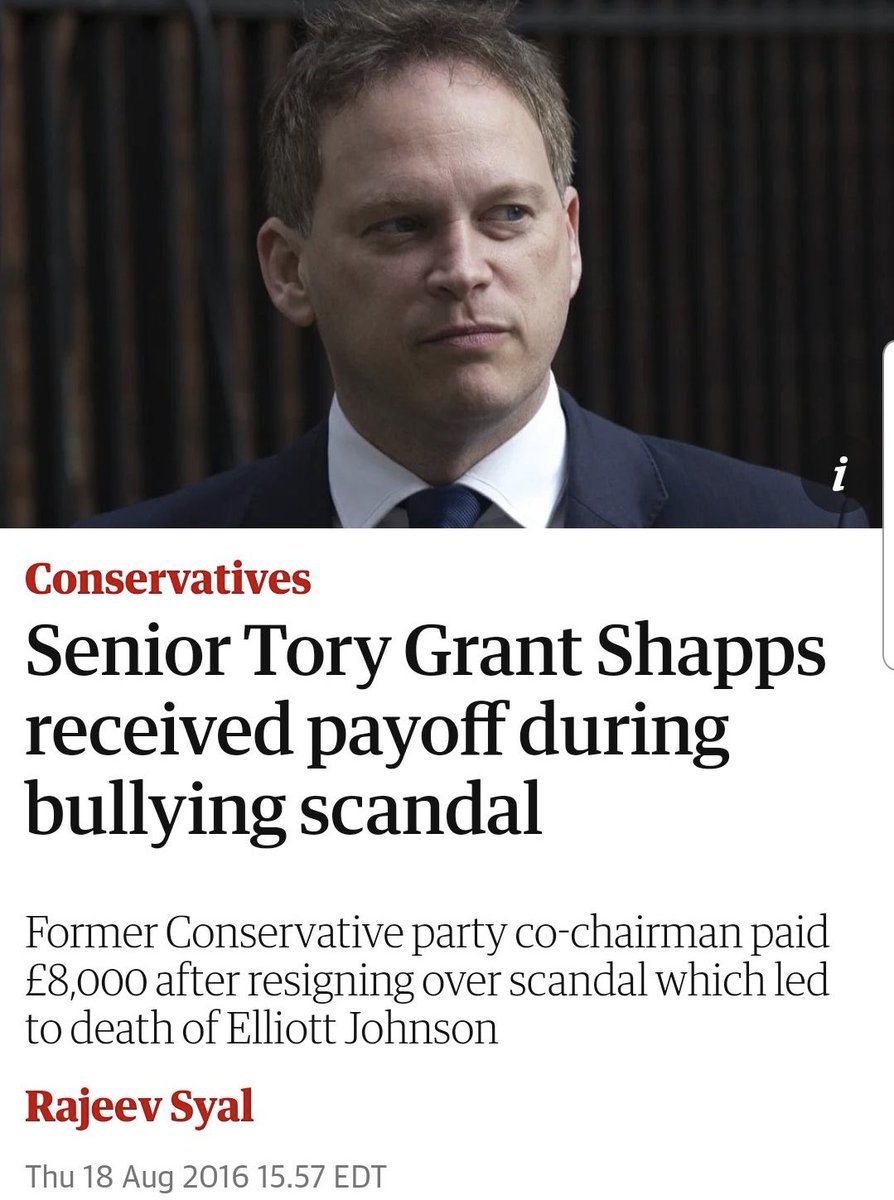 Shapps protege Mark Clarke bullied young activist Elliot Johnson who then committed suicide. Shapps knew the bullying was going on but did nothing, then resigned with an £8,000 pay off. The subsequent enquiry was a whitewash.