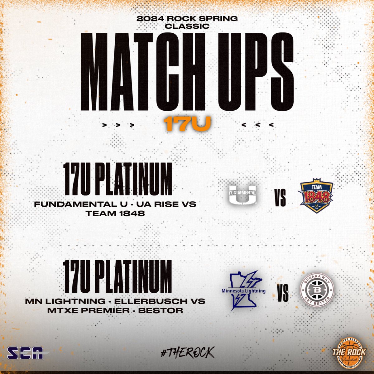 🚨17U Platinum Matchups🚨 ⏱️ - 9:05am 📍 - @SEAFacilities - Stoughton • @DGEliteNB vs @WIPlaymakers - UA Rise • @BreakawayBball - National vs @MNLightningAAU - King • @FundamentalUA - UA Rise vs @Team1848 • @MNLightningAAU - Ellerbusch vs @MTXEPREMIER - Bestor #TheROCK