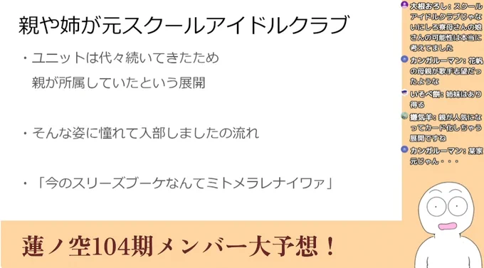 自分の配信内で予想した当たったり当たらなかったりした蓮ノ空104期メンバー予想です 