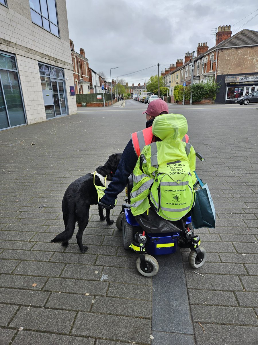 WorkyWoof's tweet photo. Our morning shopping trip woofy woof woof 🦮👩🏻‍🦼🐾🐾👍😀 
Photos show gd maeve black Labrador retriever cross and julie GDO sitting in her mobility chair we are outside in a local street on the pavement beside a large office building https://t.co/WIQ5Dx4KVx