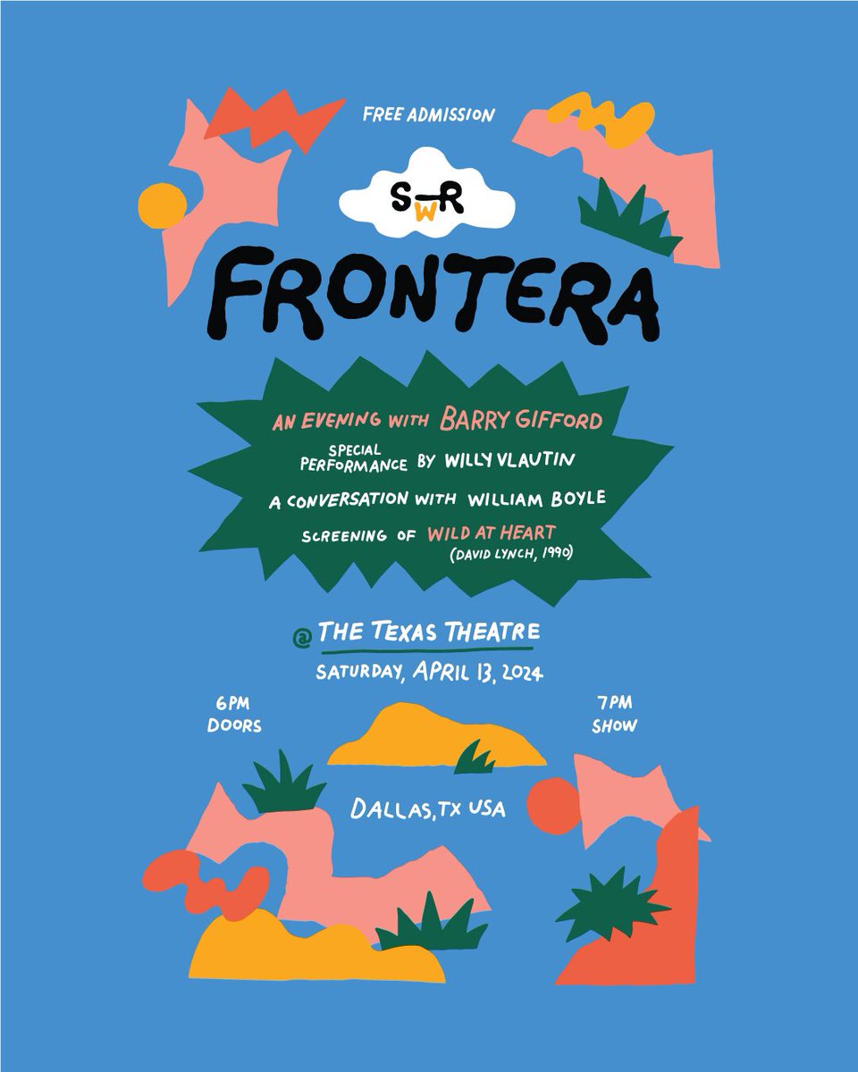 Interviewing my hero Barry Gifford at the Texas Theatre tonight as part of @SouthwestReview’s Frontera Festival. Pal and hero Willy Vlautin (along with his Richmond Fontaine bandmate, Paul Brainard) plays before our talk. A screening of WILD AT HEART follows.