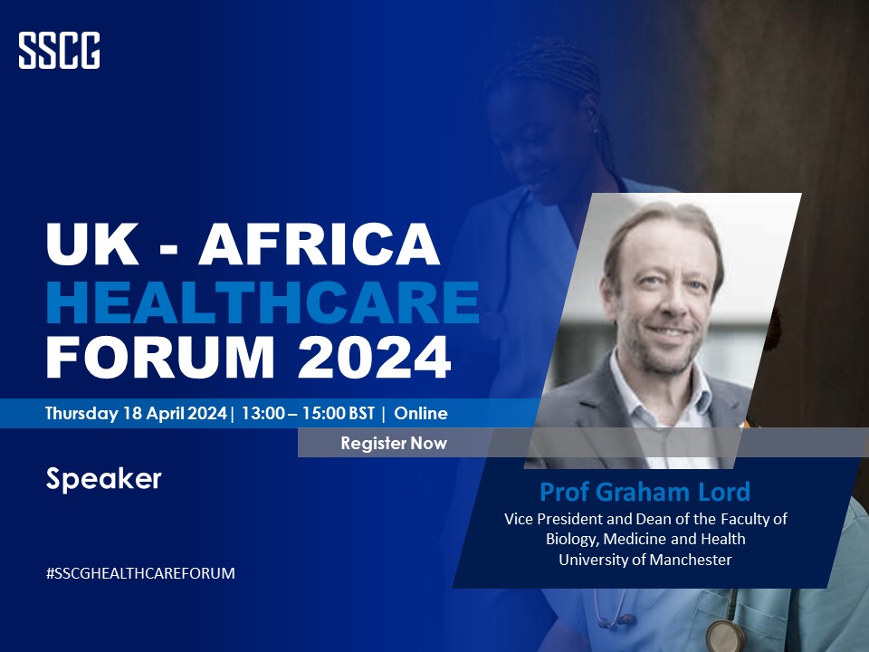 SSCGConsulting's tweet photo. Delighted to confirm that Prof Graham Lord - Vice President and Dean of the Faculty of Biology, Medicine and Health, The University of Manchester will be speaking at the #SSCG #UK - #Africa #Healthcare #Forum 2024 on Thursday, 18 April 2024.  

Find more https://t.co/nyKjTis1SN https://t.co/Vsqx63ANXP