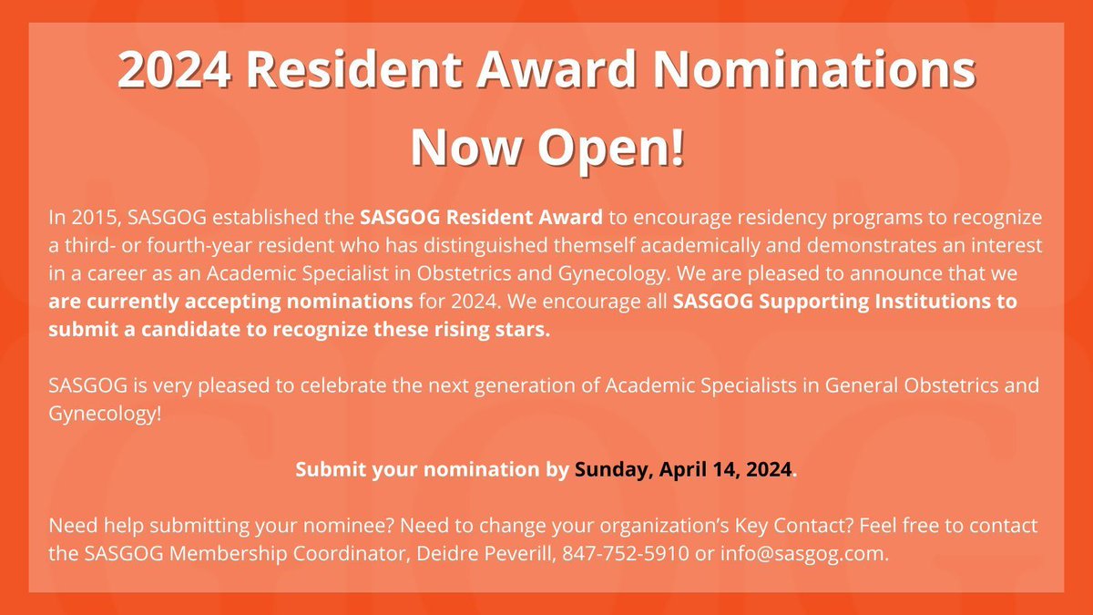 Nominations for the 2024 Resident Award are DUE TOMORROW! Help us recognize the next generation of Academic Specialists in General Obstetrics and Gynecology. Submit your nomination by Sunday, April 14, 2024: buff.ly/3v9NAhN