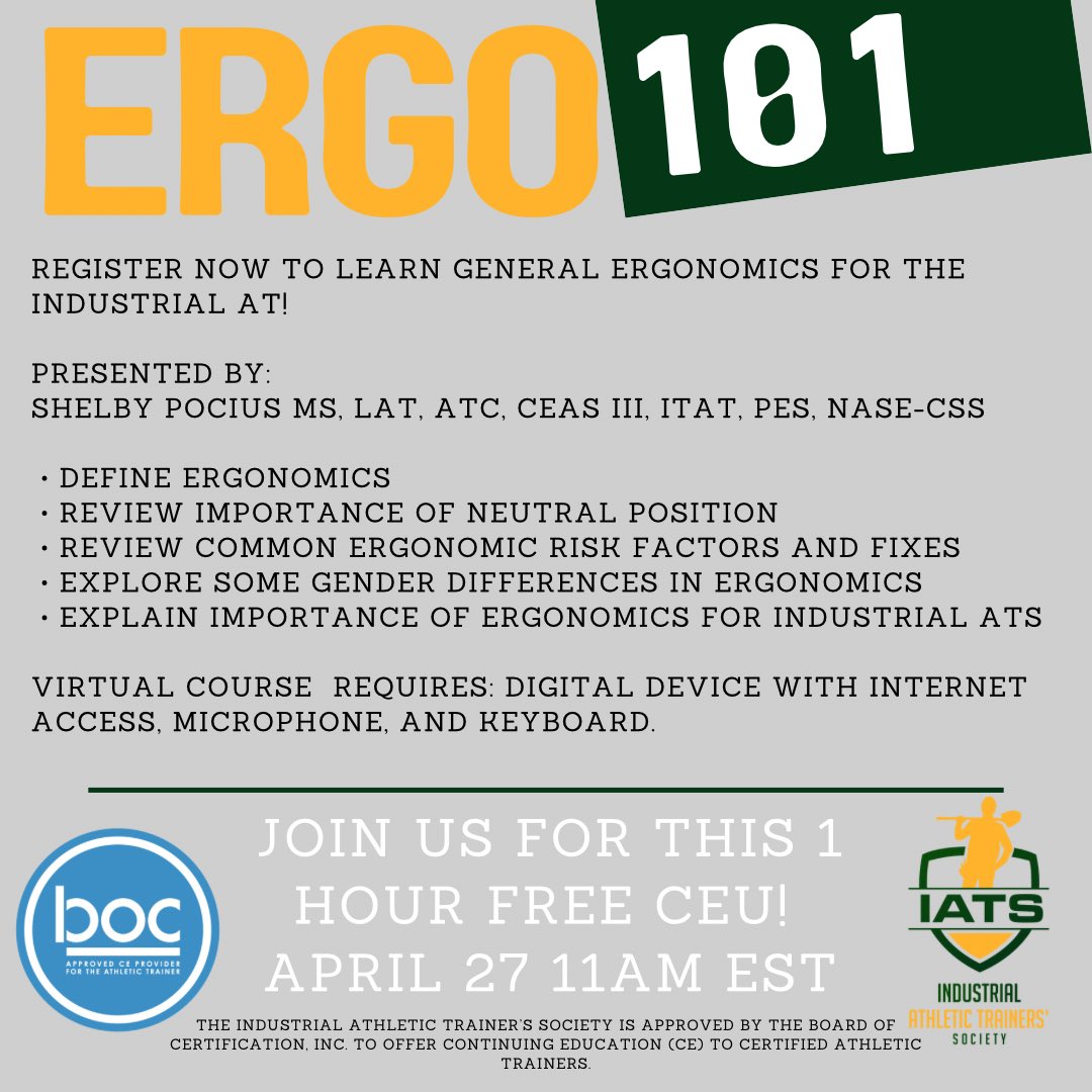 We are so exciting to be offering another FREE CEU for Industrial ATs! Ergo 101 focuses on general ergonomics as well as risk factors and fixes! This virtual course is April 27 at 11am EST/10am CST. Register today! docs.google.com/forms/d/e/1FAI…