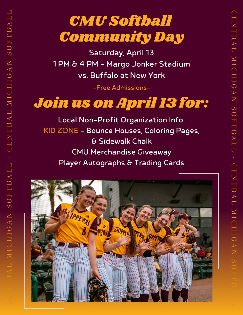 So excited to host Community Day!! First pitch at 1:00, come support and be a part of the CMU Softball Family🤍