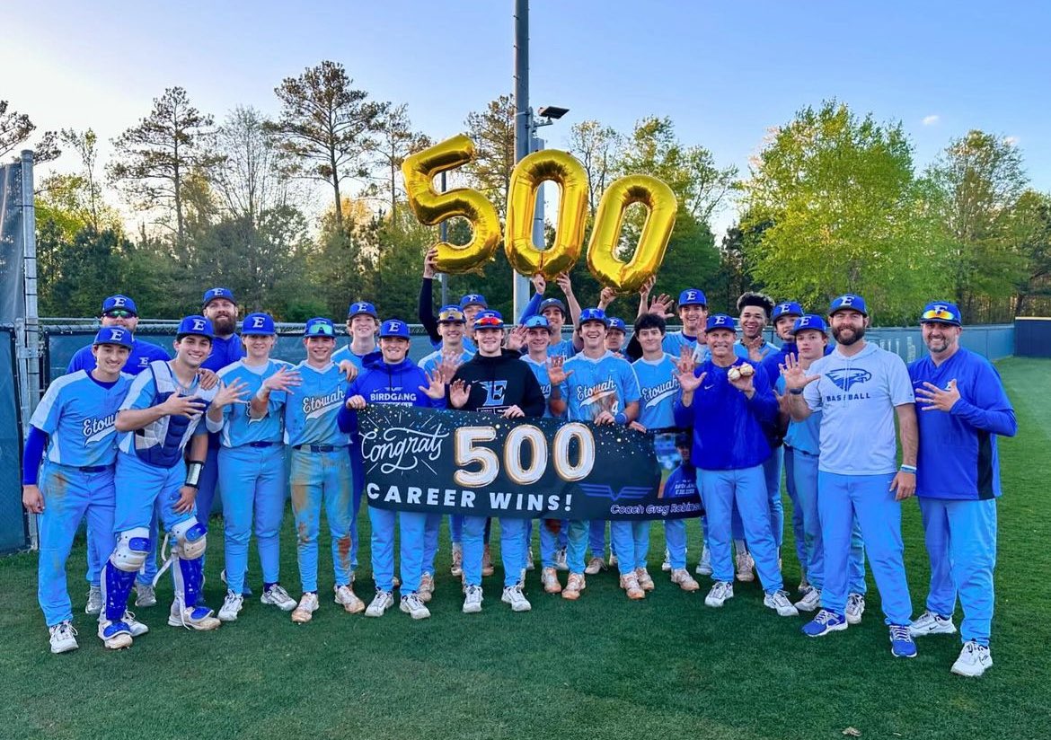 Big night for etowah baseball last night! Coach Greg Robinson with his 500th victory and a Region Title! Thanks to all the players, parents, and staff that made last night a special night! @TheCoachesBoxGA @CCSDSports @GaTop100 @OfficialGHSA