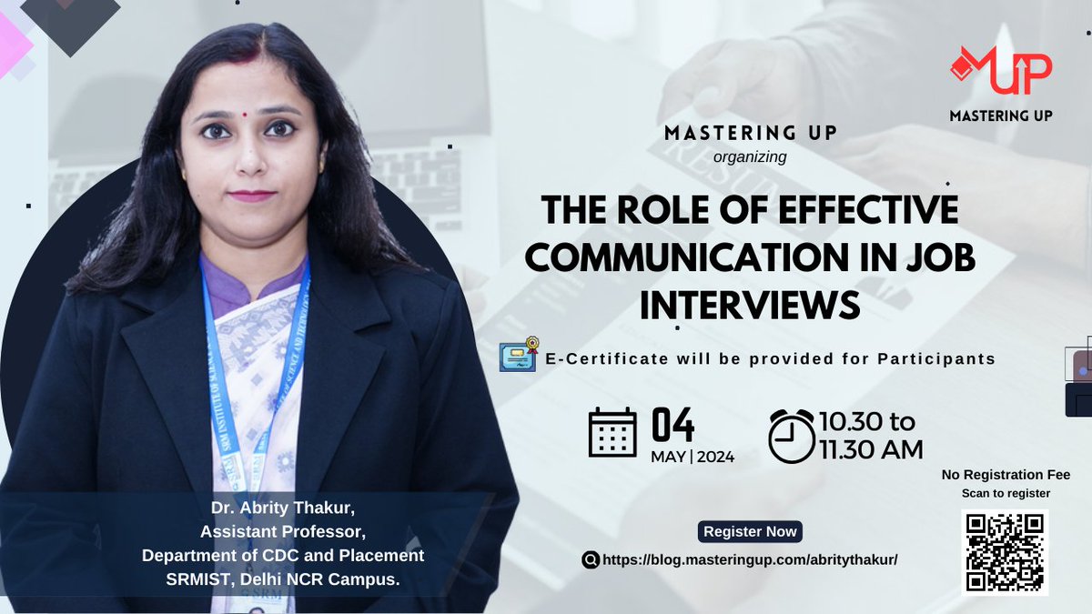 tems_tech's tweet photo. 🌟 Boost your interview skills! Join our FREE session on "The Role of Effective Communication in Job Interviews" with Dr. Abrity Thakur from SRMIST. 🗣️💼
 ➡️ https://t.co/2TVNst9PvD
#JobInterview #CommunicationSkills #FreeWebinar #CareerGrowth 🚀 https://t.co/JnMblUi6uS