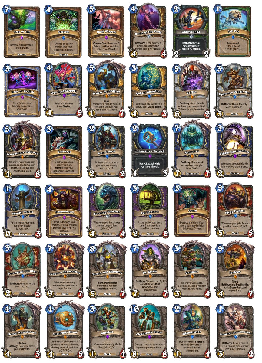 Goblins vs Gnomes buffs I'd make.

This time I think I kinda nailed the flavor on the Hemet buff, who 'steals' the life from the Beast he kills.😄Also Vol'jin with the Shadow magic dealing with a big threat + potentially clearing a wide board seems perfect for a Shadow card.