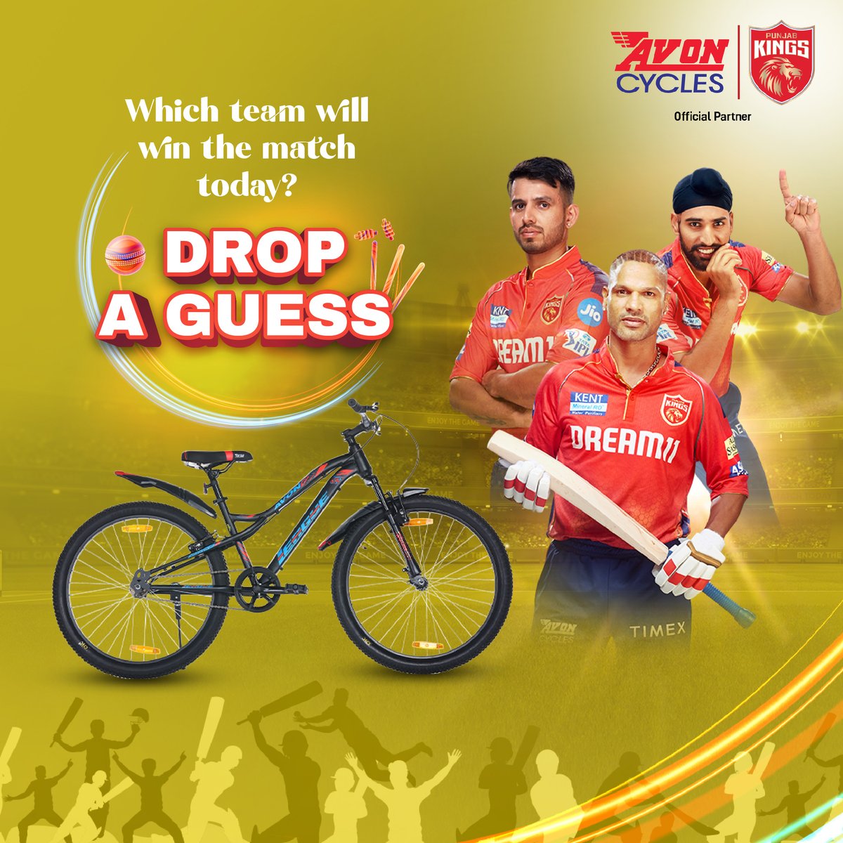 Share your guesses in the comments below for a chance to win exciting surprises 😍 #Avon #AvonCycles #KingsRideWithAvon #kings11punjab #SaddaPunjab #PBKS #T20Match #jazbahaipunjabi❣️💫