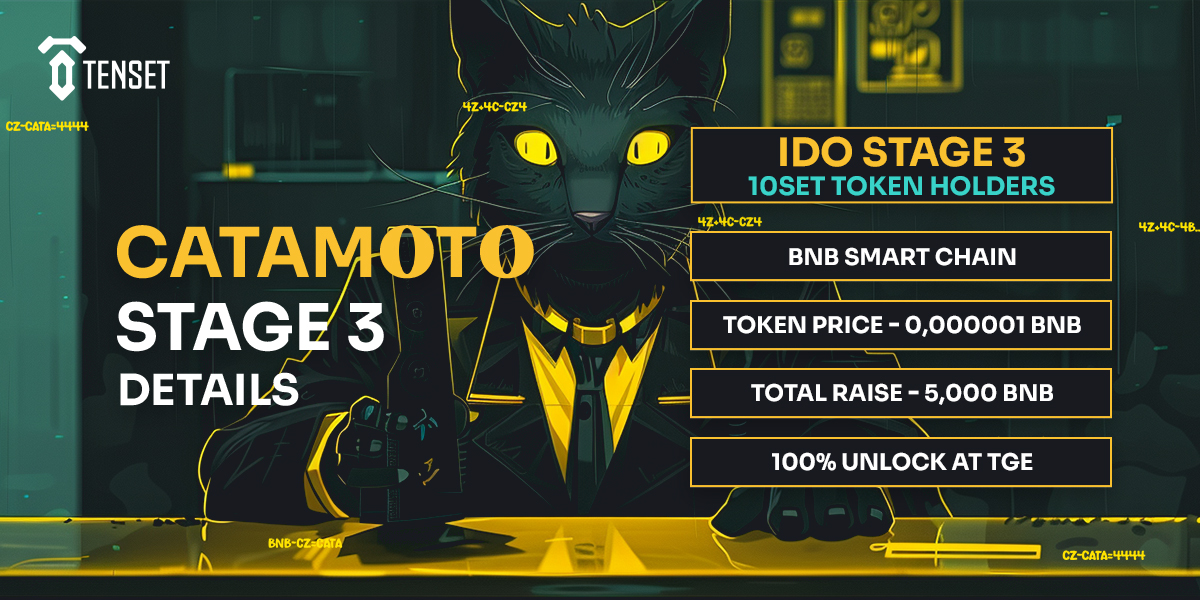 Round 3 @4catamoto IDO, 10AM UTC April 14! ⌛️ Snapshot will be taken at 6PM UTC today! 📸 To be eligible, all you need to do is buy #10SET tokens on @PancakeSwap. Minimum 10 10SET. More tokens = bigger allocation. 10SET contract: 0x1AE369A6AB222aFF166325B7b87Eb9aF06C86E57