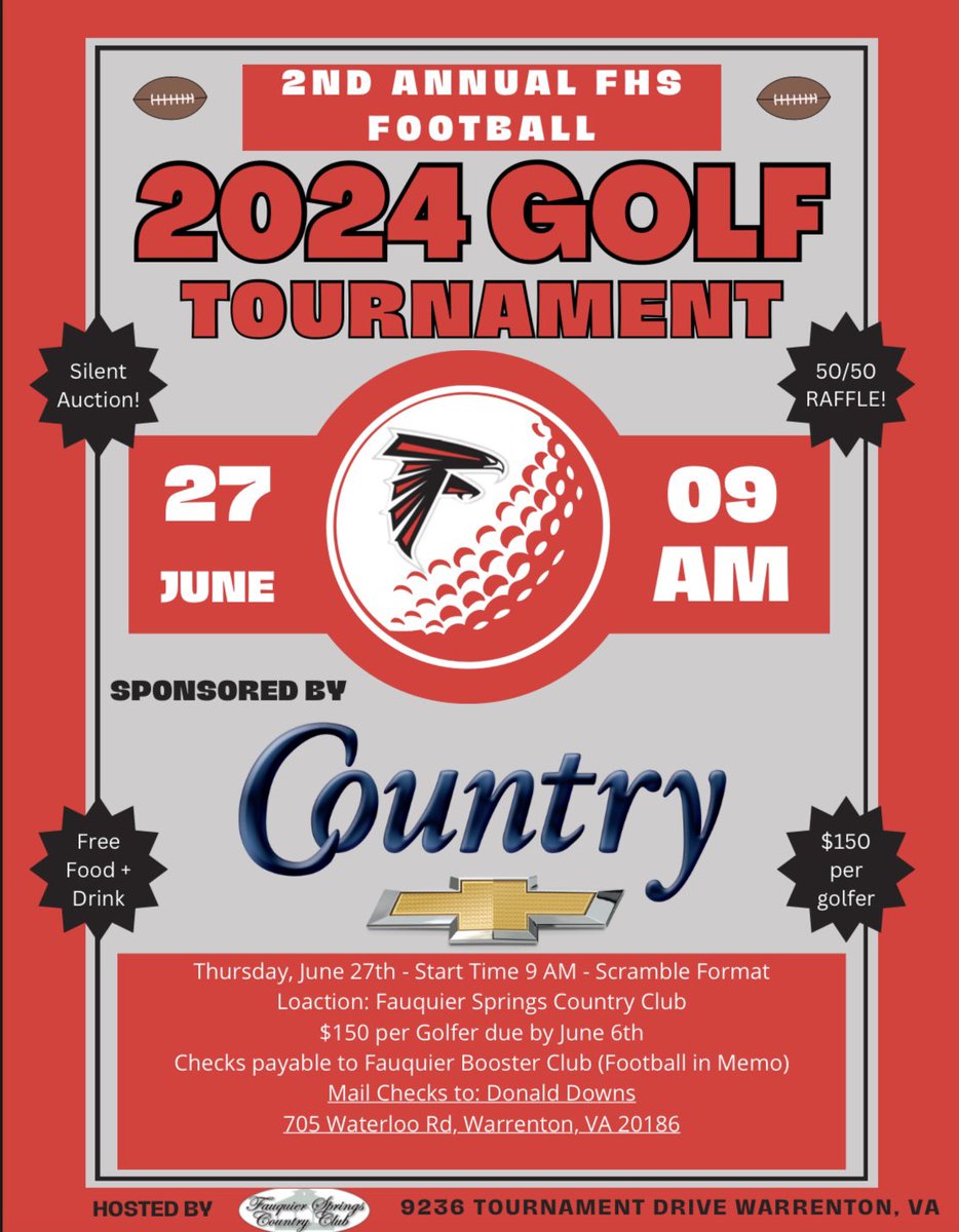 FHS_FalconFB's tweet photo. FHS 🏈 is having our 2nd annual  ⛳️ tournament fundraiser! We are still looking for more hole sponsorships, silent raffle donors, and golfers to participate in the event. Thank you for your support of the Fauquier 🏈 team and Go Falcons!!!!

#BAM #Team61 #FalconStrong https://t.co/pzypsJjhss